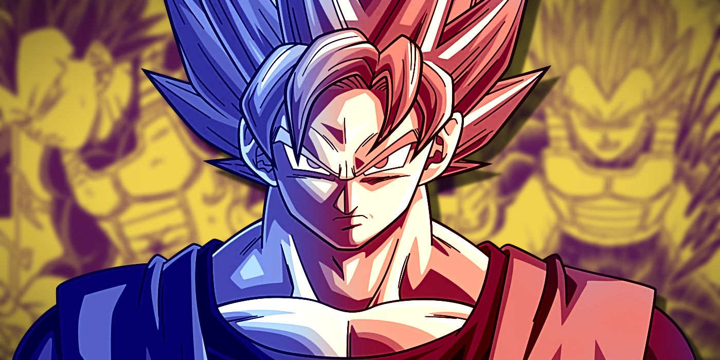 Goku with red and blue shading in front of Ultra Ego Vegeta.