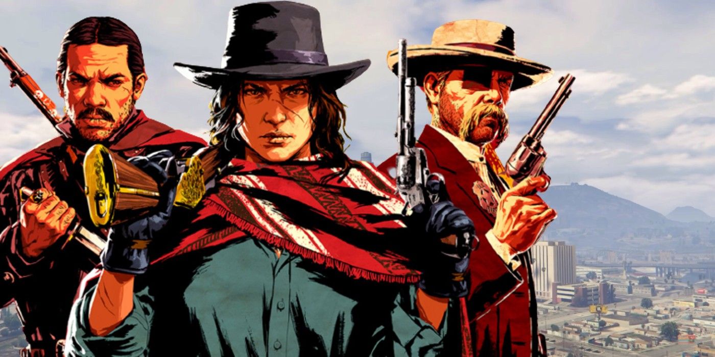 Red Dead Online promo characters over Los Santos from Grand Theft Auto Online
