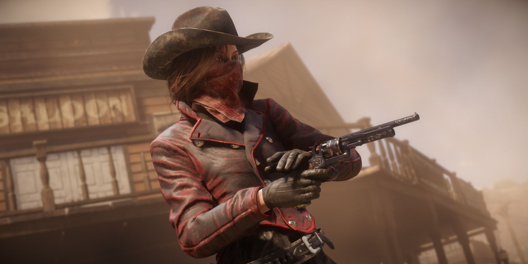 Um personagem de Red Dead Online com o rosto escondido por uma bandana usando a técnica de abanar para disparar rapidamente um revólver.