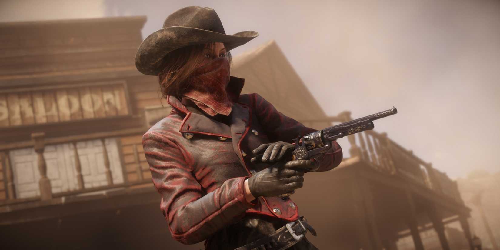 A Red Dead Online character with their face hidden by a bandana using the fanning technique to rapidly fire a revolver.
