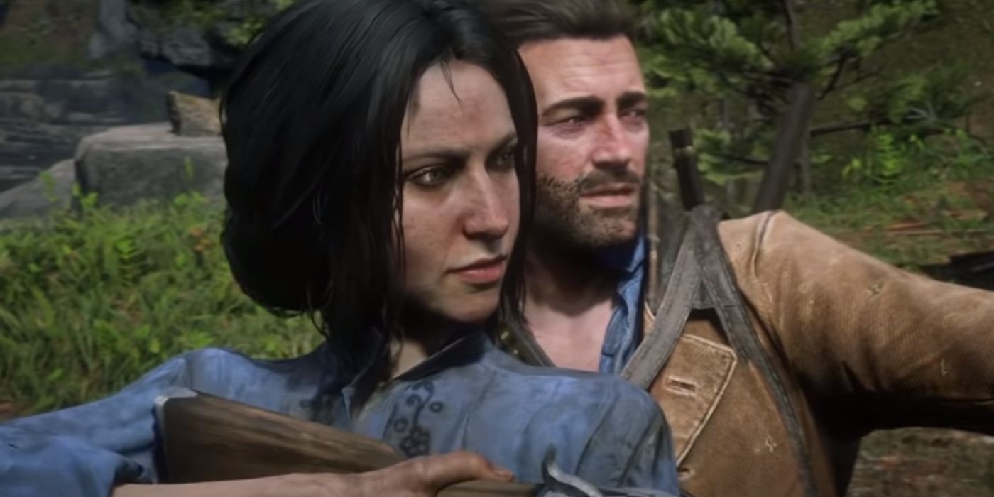 Arthur Morgan le enseña a Charlotte Balfour cómo disparar en Alien Widow Mission de Red Dead Redemption 2.