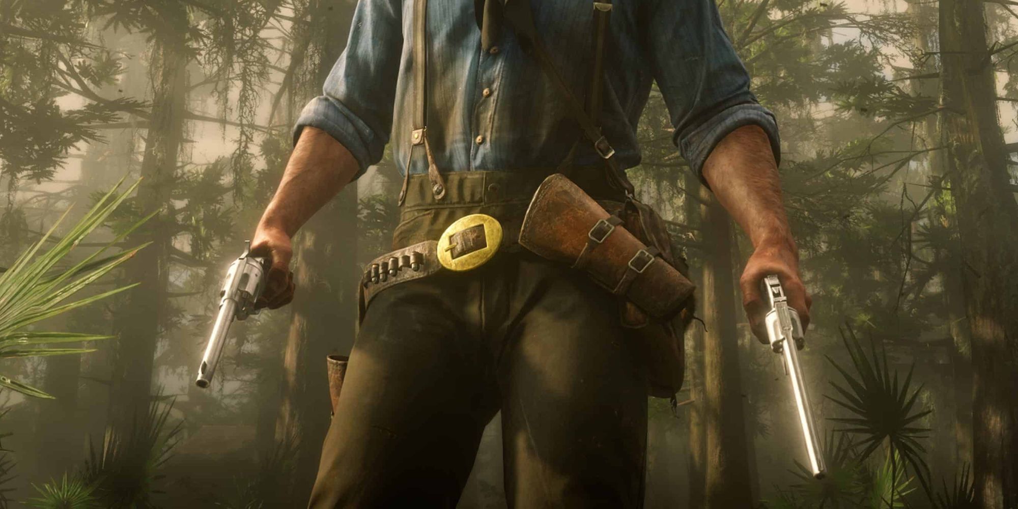 Uma captura de tela olhando para a cintura de Arthur Morgan em Red Dead Redemption 2, mostrando seu cinturão, coldre de saque rápido e coldre de mão secundária.