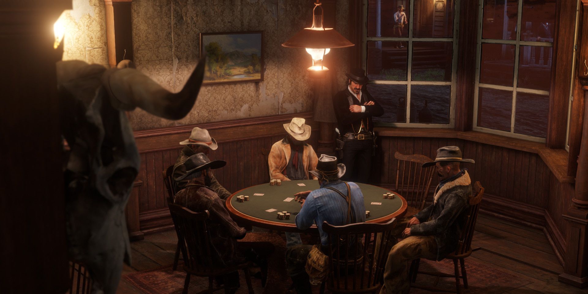 Various characters from Red Dead Redemption 2 playing poker