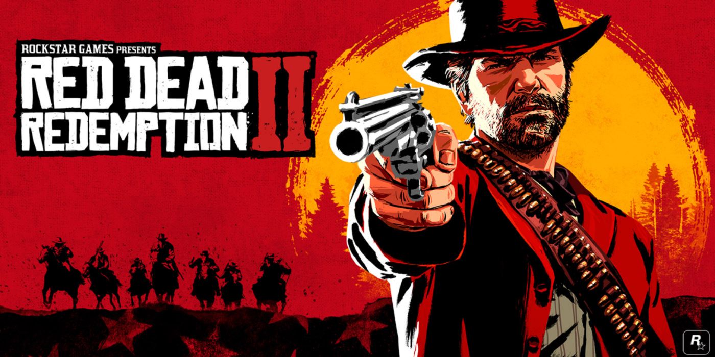 Red Dead Redemption II promo art featuring Arthur Morgan pointing his revolver.