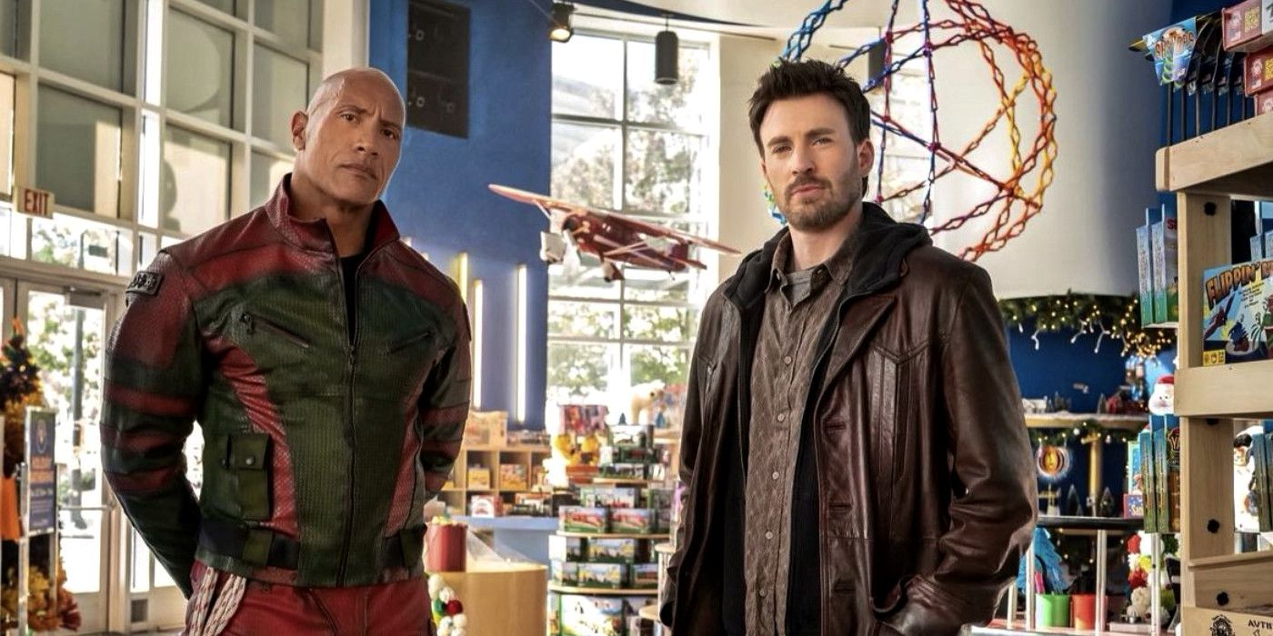 Dwayne Johnson e Chris Evans em uma loja de brinquedos em Red One.