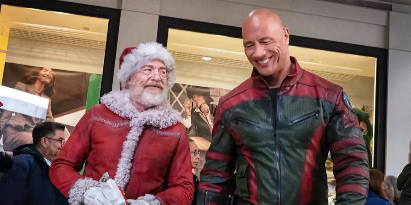 Dwayne Johnson smiling and JK Simmons as Santa in Red One