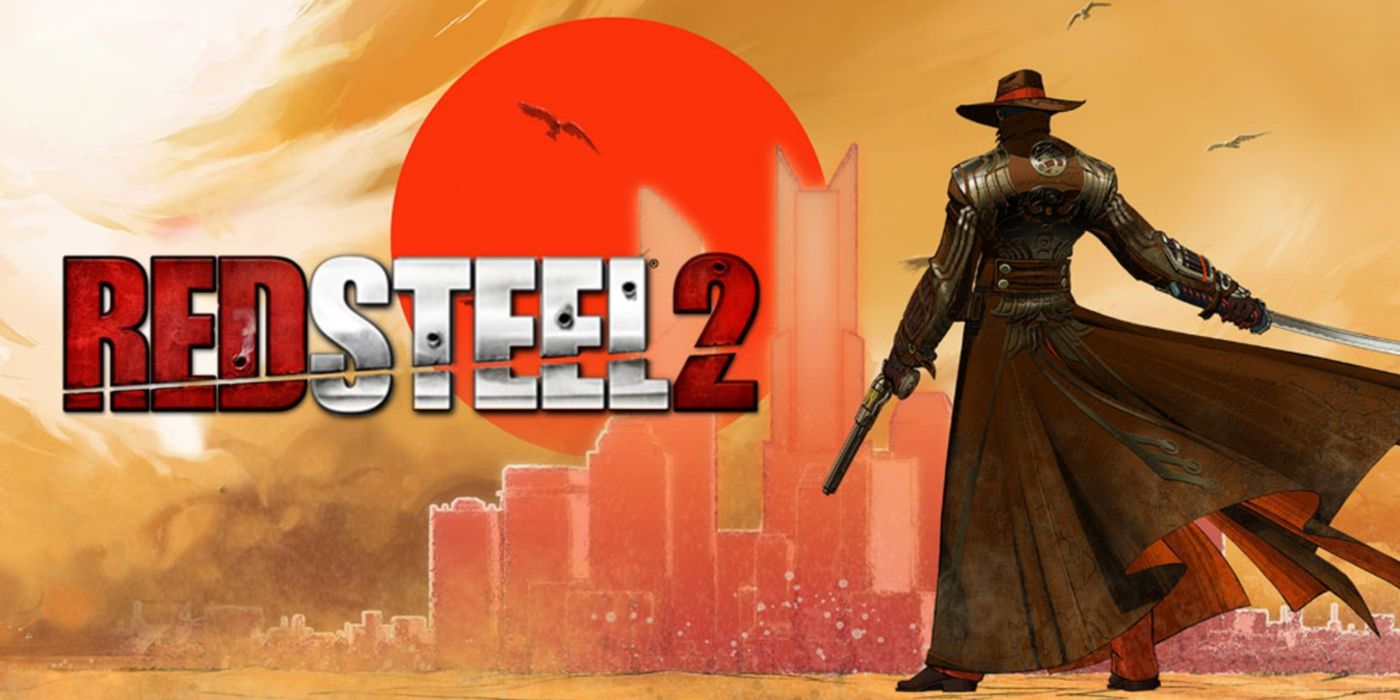 Red Steel 2 promo art featuring the nameless hero wielding a gun and katana with the Lower City in the background.