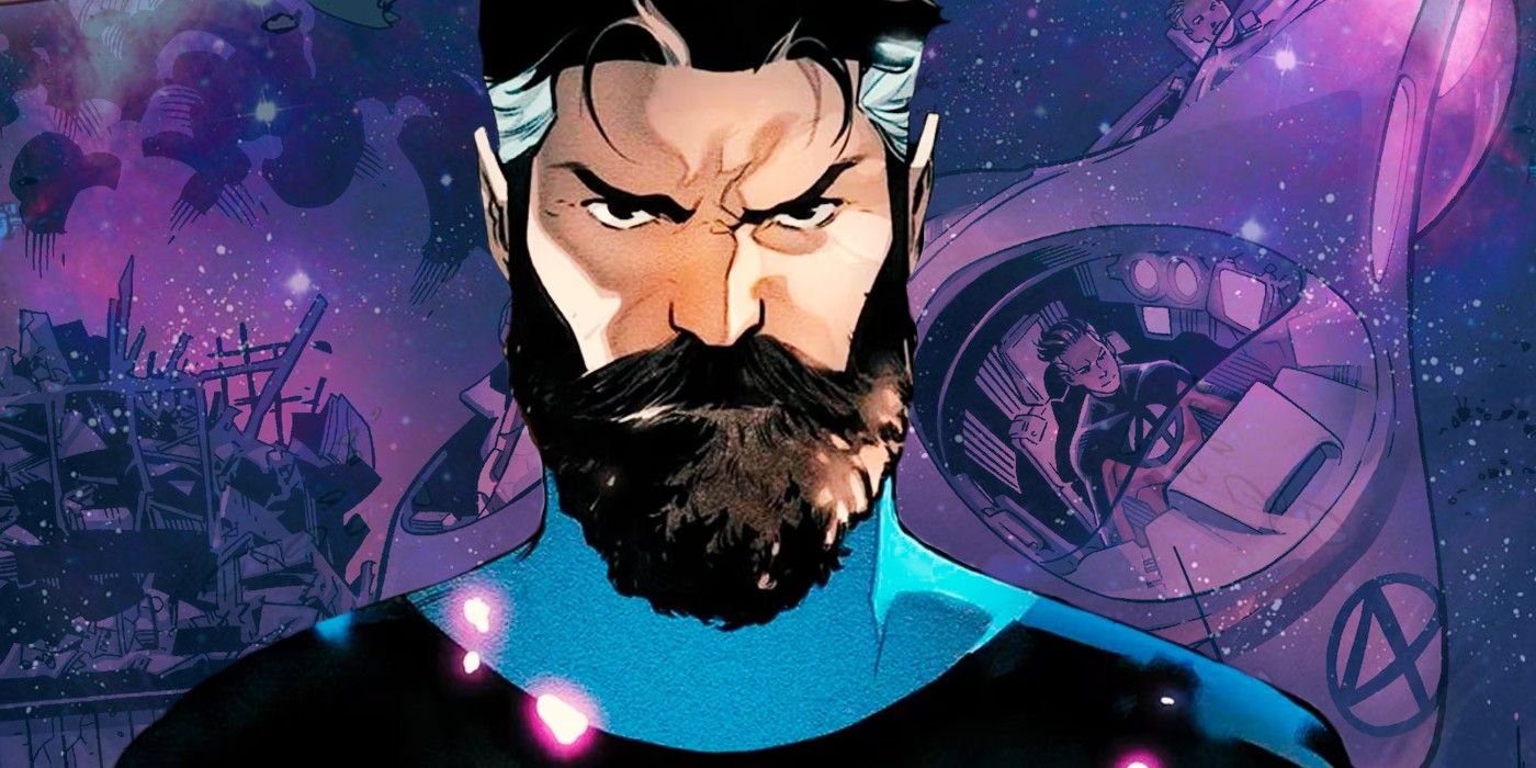 Featured Image: A bearded Reed Richards stands in front of a cosmic backdrop. 