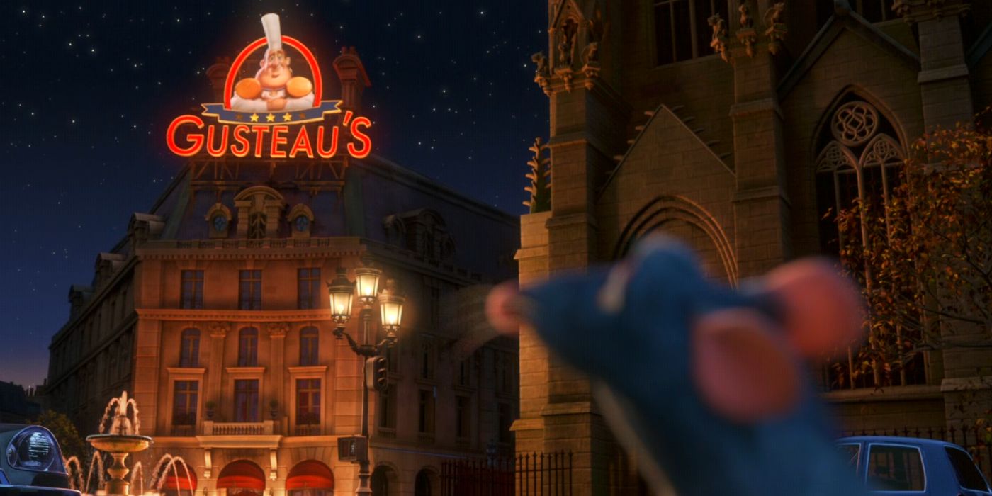 Remy looks back at Gusteau's in Ratatouille.