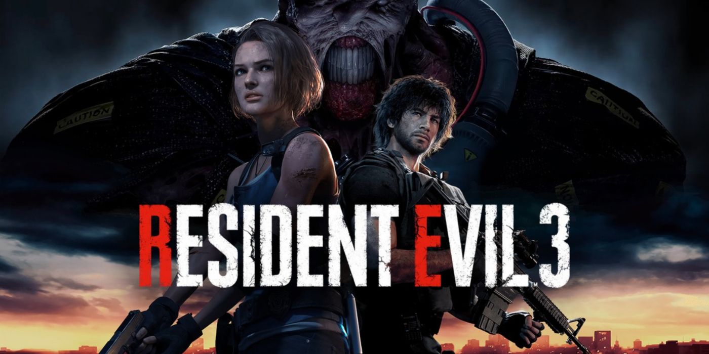 Arte principal de Resident Evil 3 com Jill e Carlos com armas em punho e Nemesis aparecendo ao fundo.
