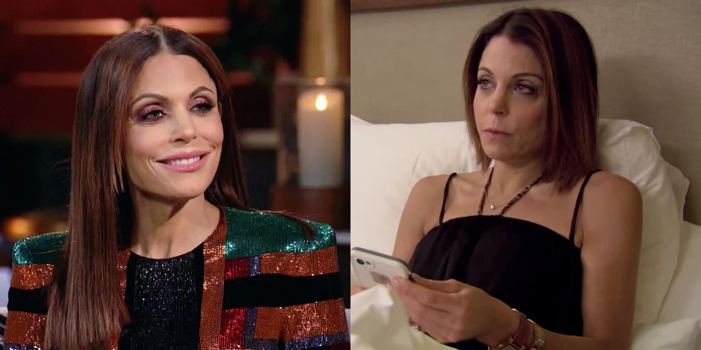 Split image of Bethenny Frankel smiling and holding a cell phone on RHONY