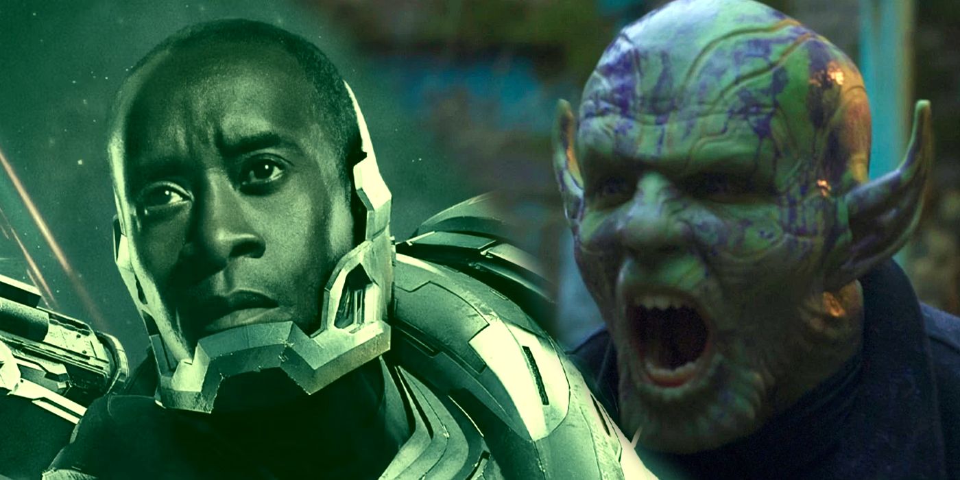 Split Image: War Machine posing in Infinity War poster; Skrull screaming in fury in Secret Invasion trailer