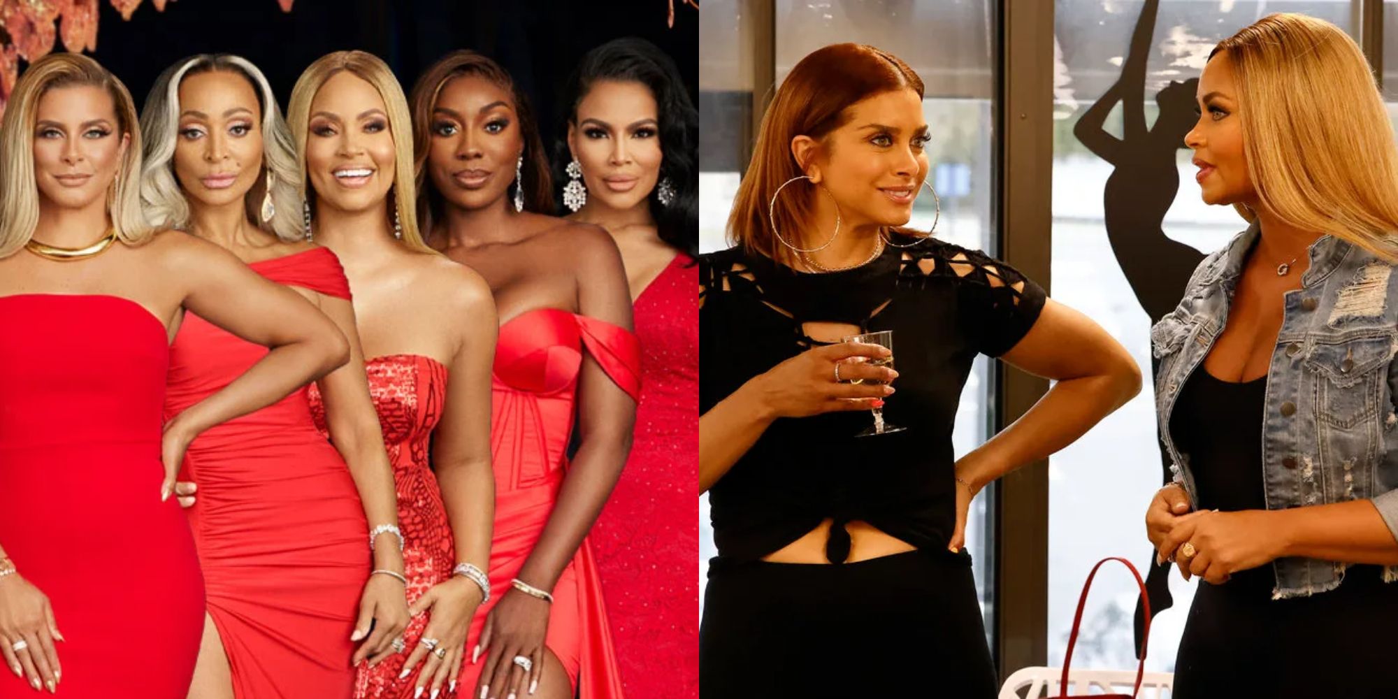 Promo image featuring the cast of RHOP season 7 and two cast members talking