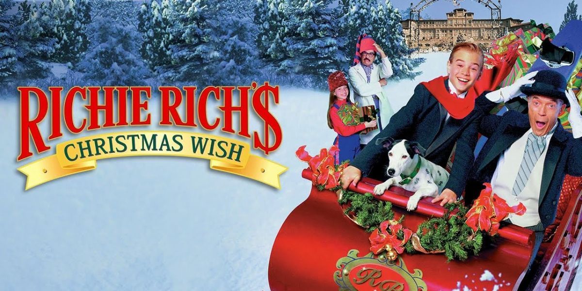 desejo de natal de richie rich vhs cover de personagens andando em um trenó contra um fundo de neve
