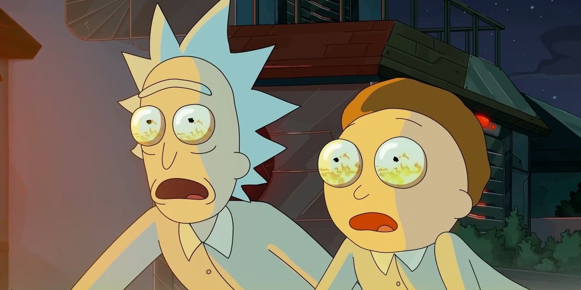 Rick and Morty appear shocked with the reflection of flames in their eyes