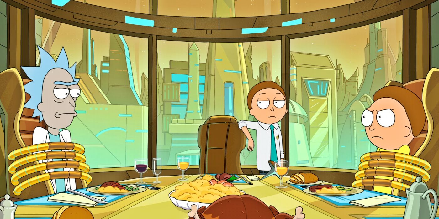 Rick Sanchez, Morty Smith, and Evil Morty in Rick and Morty's season 5 finale.