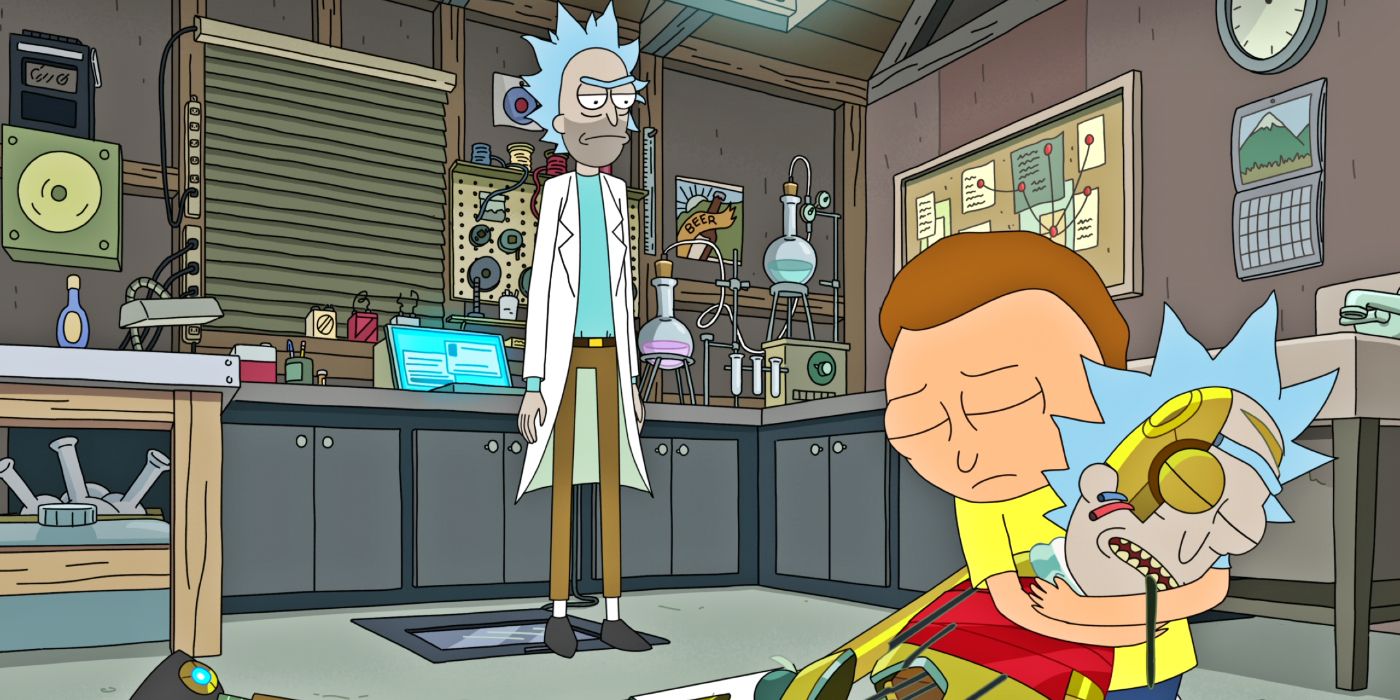 Rick Sanchez, Morty Smith e Robot Rick no final da 6ª temporada de Rick and Morty.