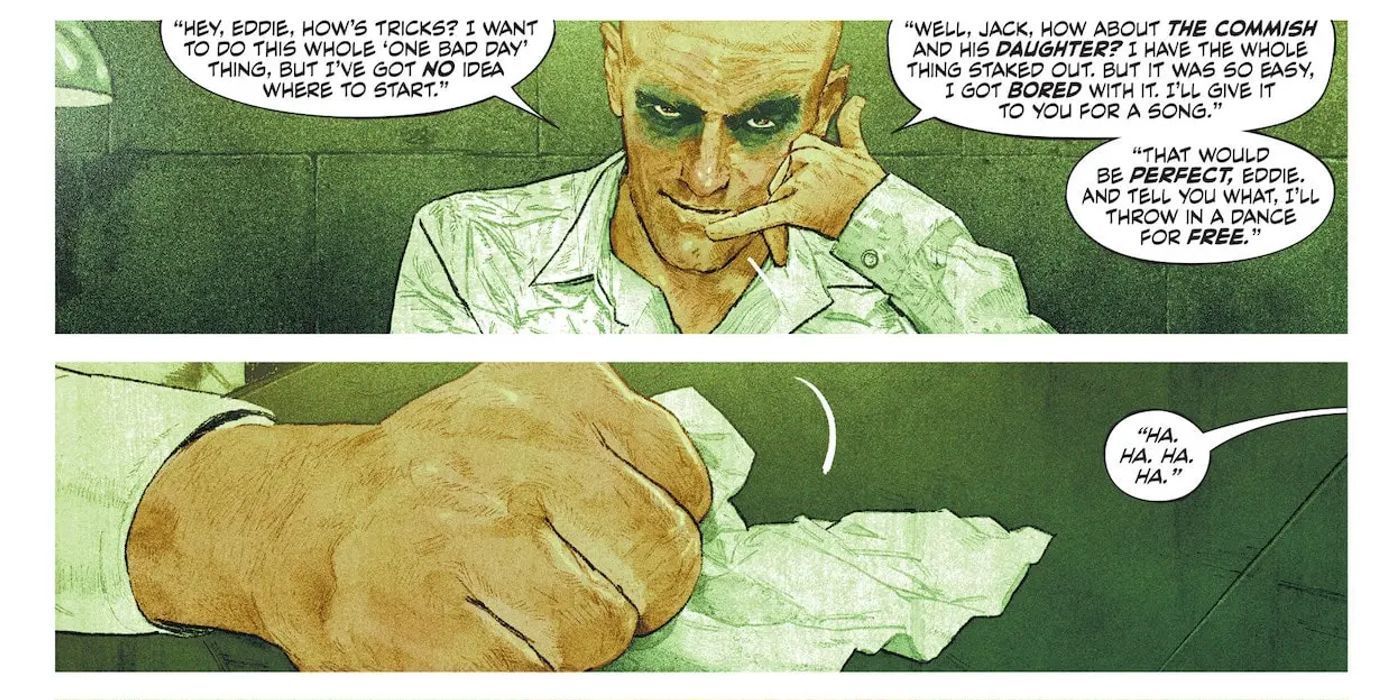 Comic bok panels: a bald Riddler with green eye makeup holds his hand to his ear like a phone, then crushes a piece of paper.