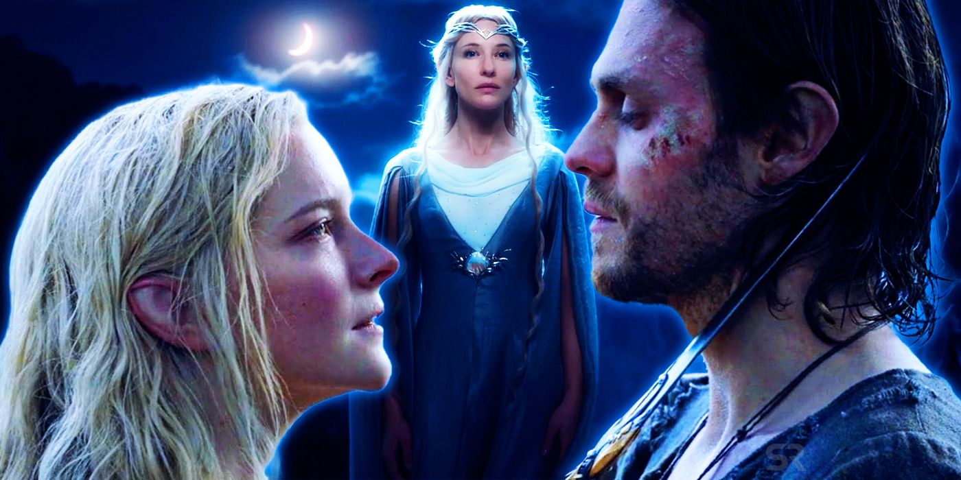 The Lord Of The Rings: The Rings of Power, Sauron as Halbrand, played by Charlie Vickers, and Galadriel, played by Morfydd Clark, in the season 1 episode 8 finale, as she holds a knife to his throat, and Cate Blanchett as Galadriel in Peter Jackson film The Lord Of The Rings: The The Fellowship Of The Ring.