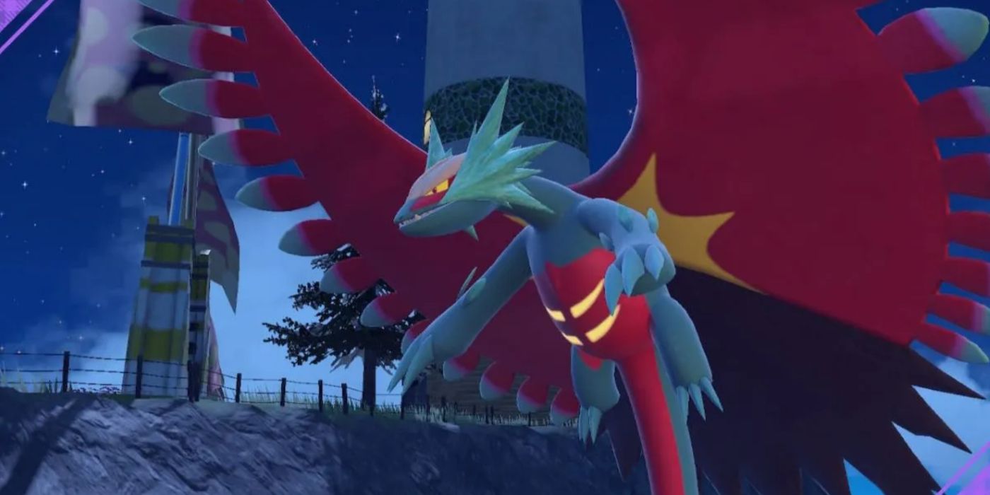 Roaring Moon floating in the air in Pokémon Scarlet.