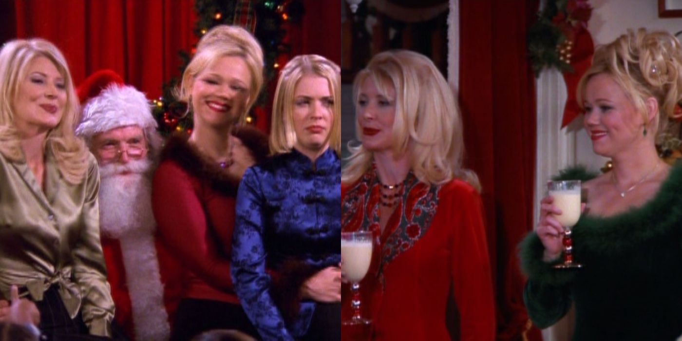 Split image of Valerie, Hilda, and Sabrina at Christmas in Sabrina The Teenage Witch