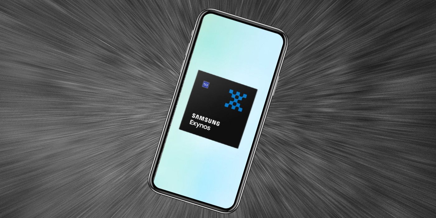 Samsung Exynos chip pictured on an Android smartphone with custom dark background