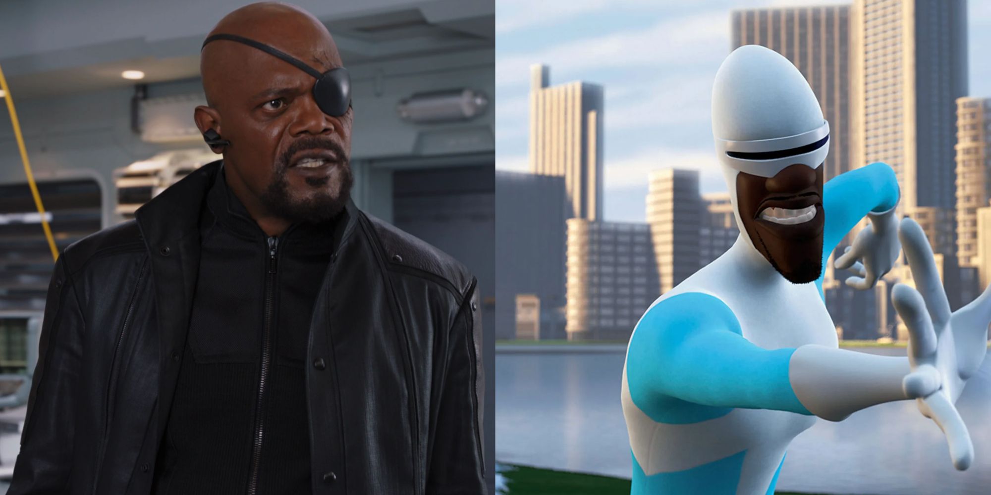 Split image of Nick Fury and Frozone