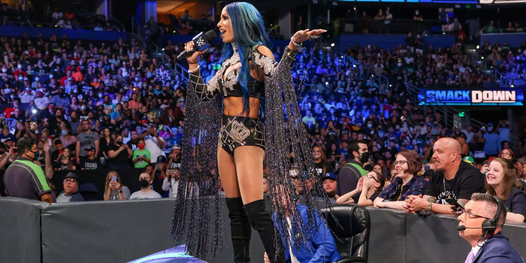 Sasha Banks cuts a promo on Bianca Belair during an episode of WWE SmackDown in 2022.