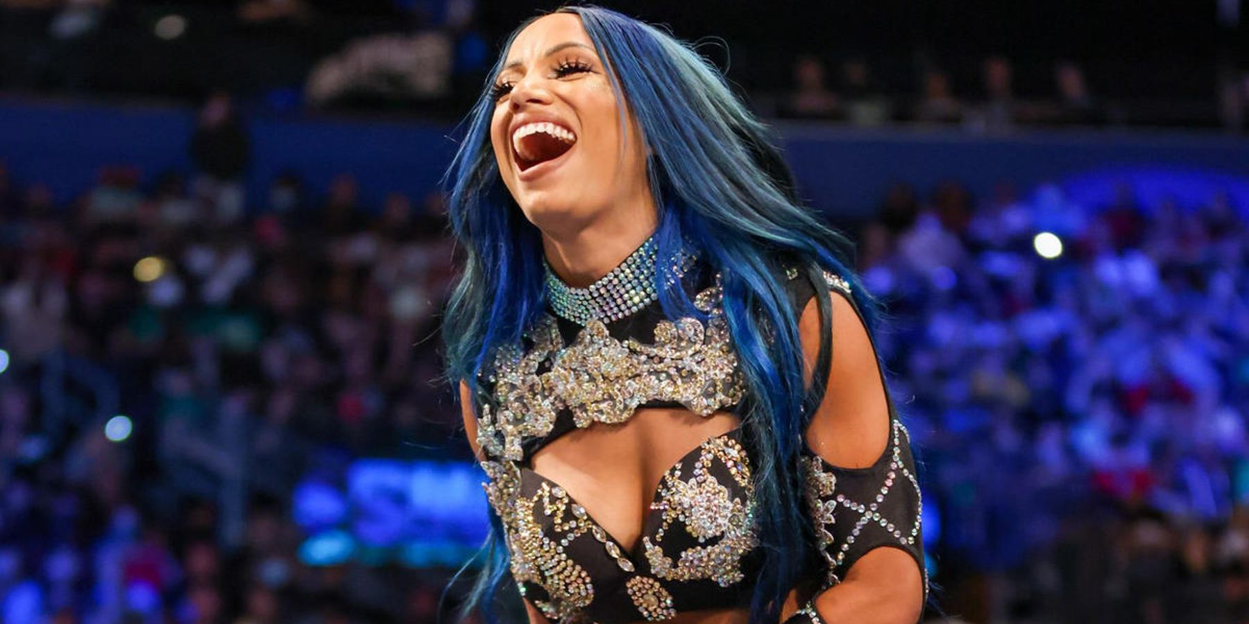 Sasha Banks laughs after insulting members of WWE's women's division on an episode of SmackDown in 2022.