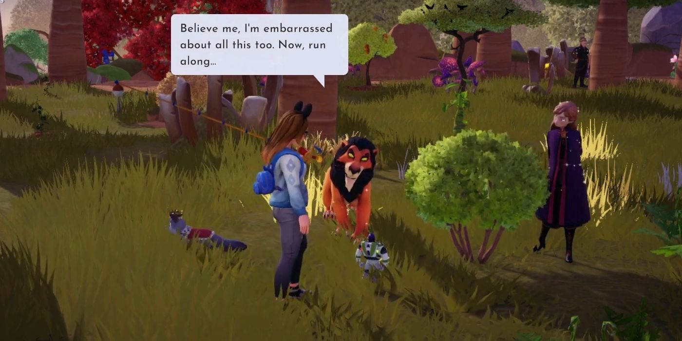 Scar e Buzz conversando durante a missão The Fragmented Past no Disney Dreamlight Valley