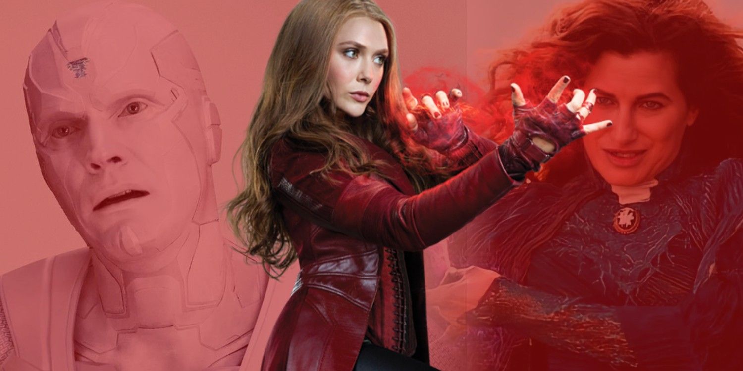 Scarlet Witch superimposed over images of White Vision and Agatha Harkness