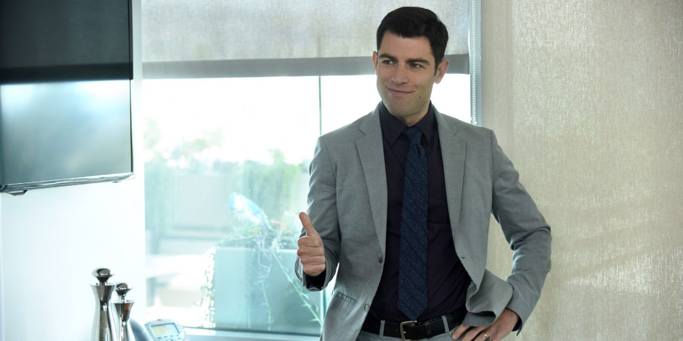 Schmidt doing a thumbs up at work in New Girl