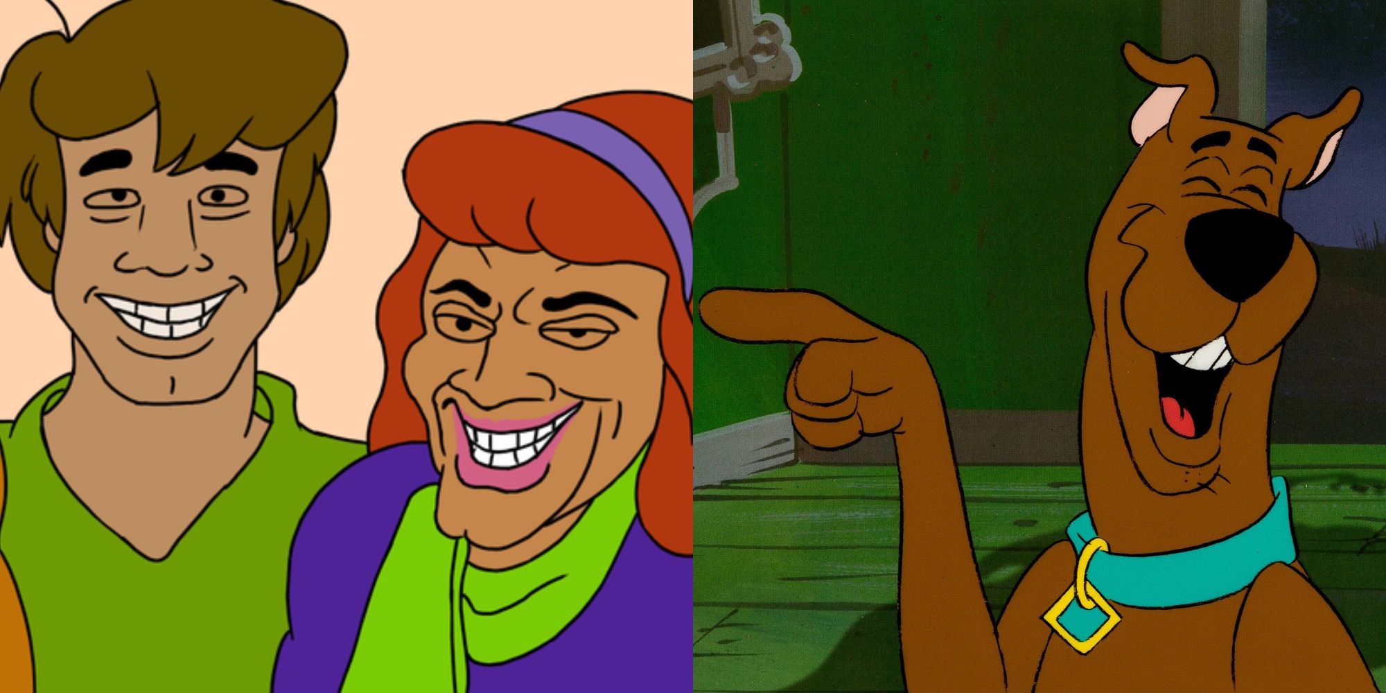 Split image of a Scooby Doo meme and Scooby laughing