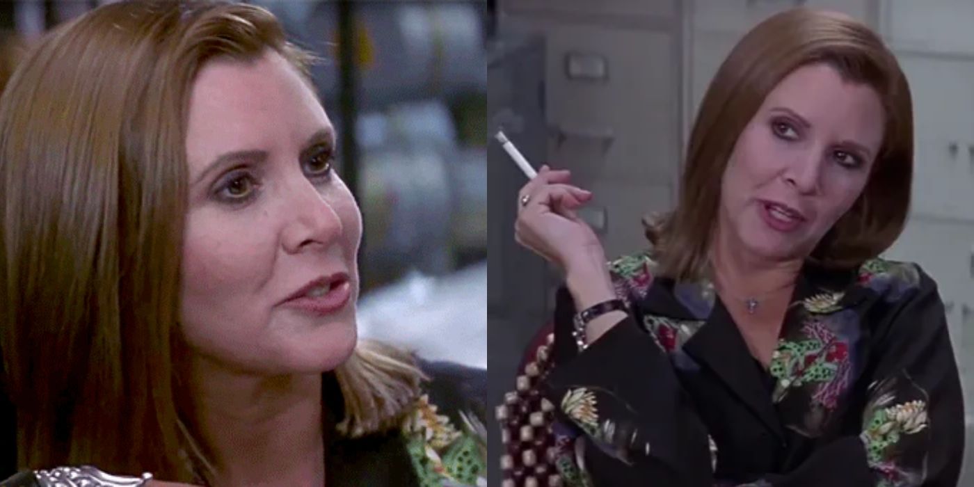 Split image of Carrie Fisher looking serious and holding a cigarette in Scream 3
