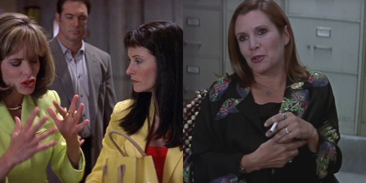 Split image of Parker Posey and Courteney Cox talking and Carrie Fisher looking serious in Scream 3