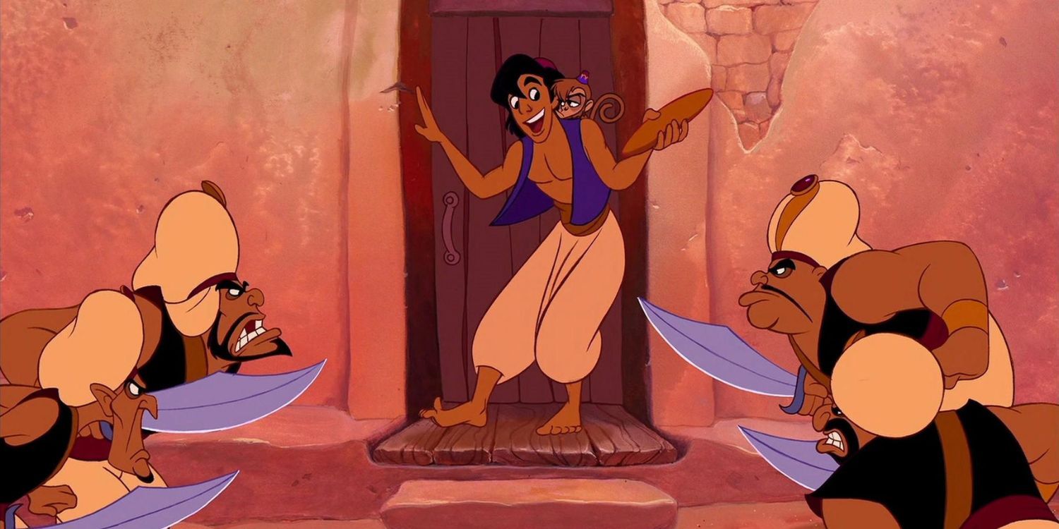 Scott Weinger como Aladdin sendo perseguido por guardas em Aladdin