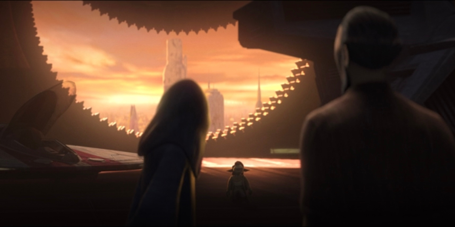 Darth Sidious and Dooku looking at Yaddle