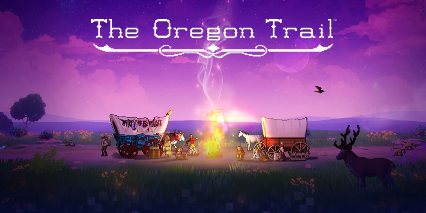 The Oregon Trail video game cover art, showing two covered wagons and a group of migrants surrounding a campfire at dusk.
