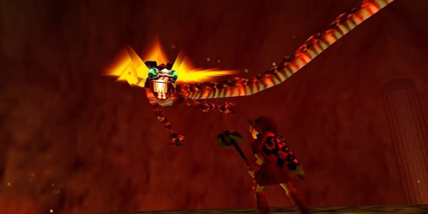 Link enfrenta Volvagia enquanto segura um martelo no Templo do Fogo em Ocarina of Time.