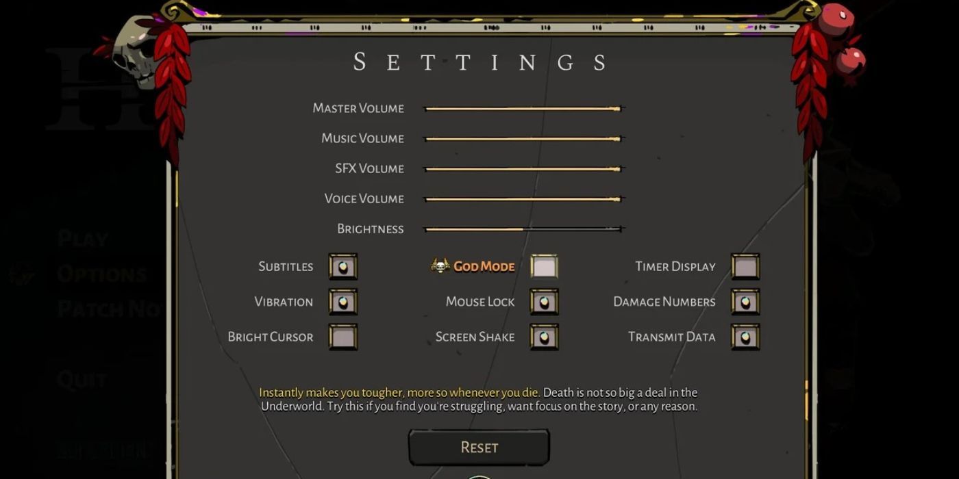 Hades settings with the God Mode option