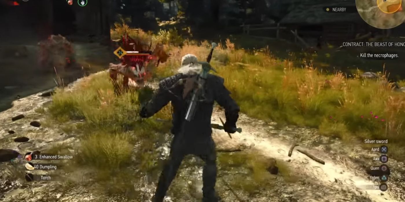 Geralt au combat et utilisant la fonction de point rapide dans la mise à jour nouvelle génération de Witcher 3.