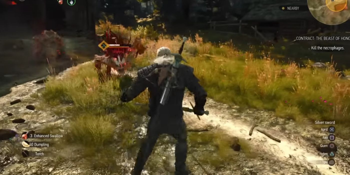 Geralt em combate e usando o recurso de lançamento de sinais rápidos na atualização de próxima geração de Witcher 3.