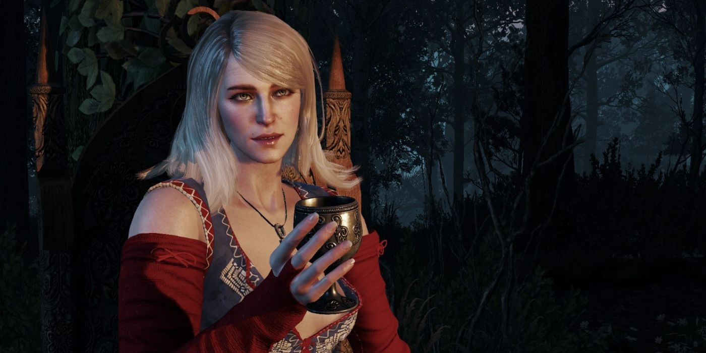 keira metz com um cálice na mão em the witcher 3.