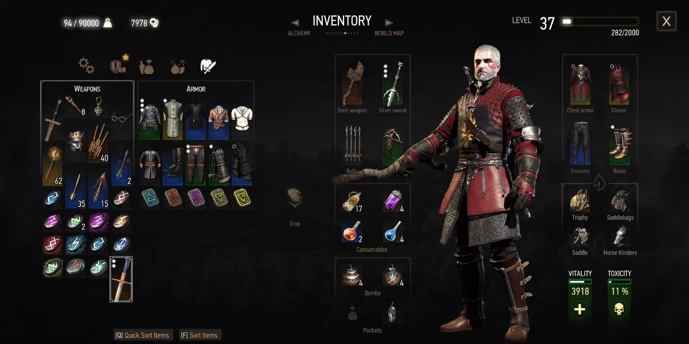 O inventário de Geralt no Witcher 3.