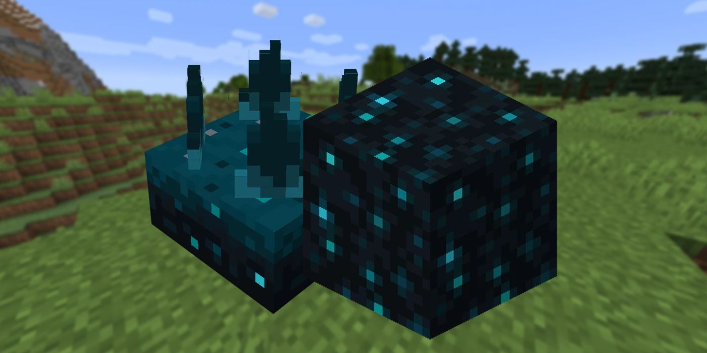 Um Bloco Sculk regular ao lado de um bloco Sensor Sculk sobreposto a um campo no Minecraft
