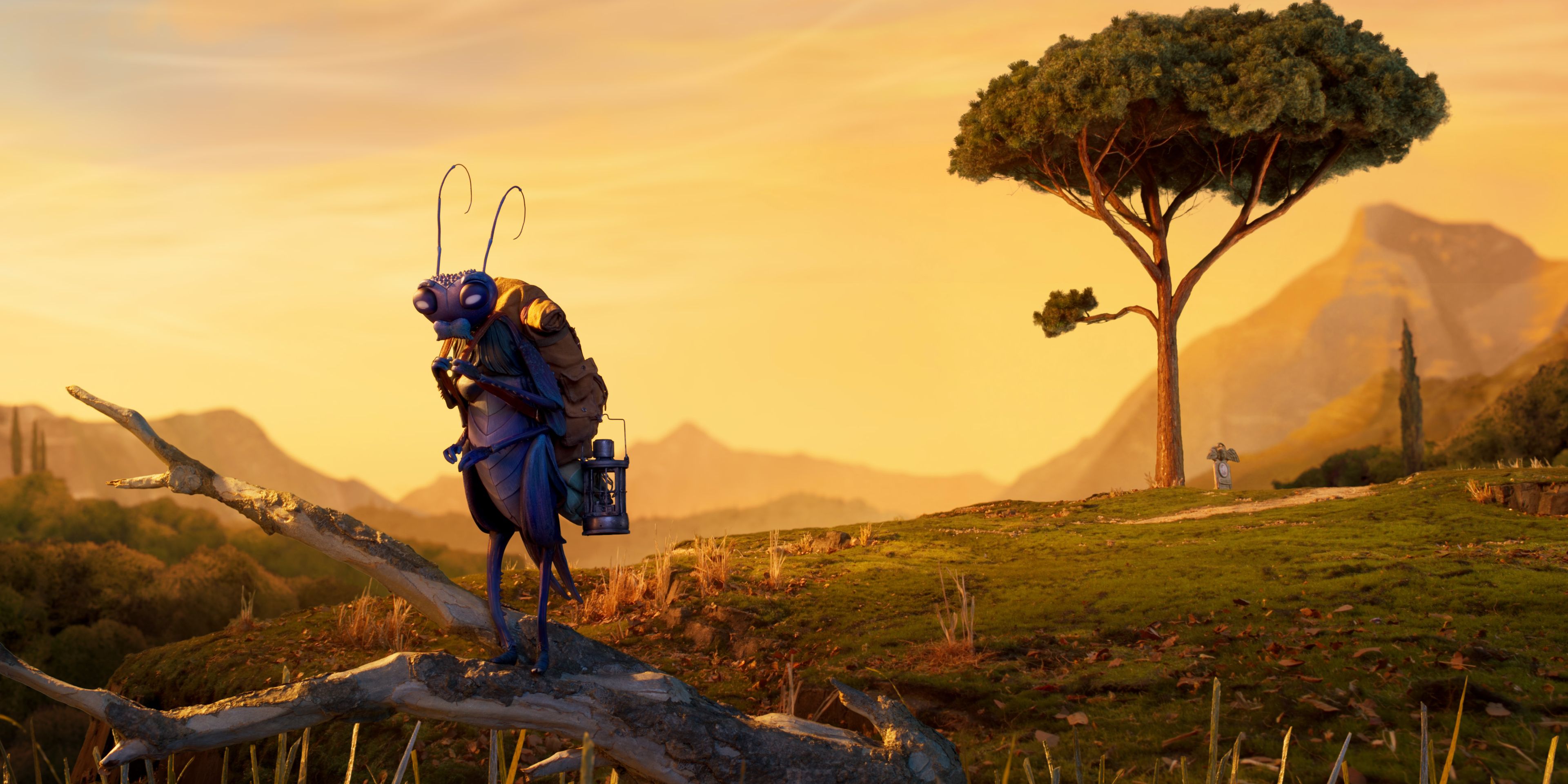 Sebastian J Cricket com uma mochila em Guillermo del Toros Pinocchio