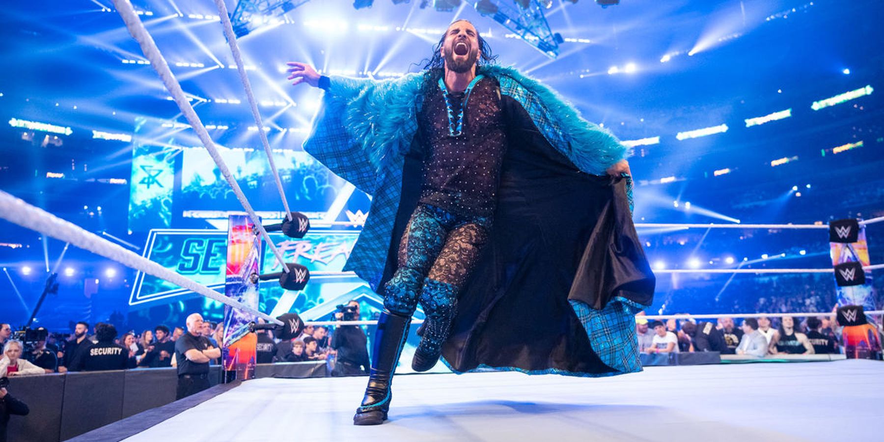 Seth Rollins makes his entrance during WWE WrestleMania 38, where he'd take on Cody Rhodes in his return match.