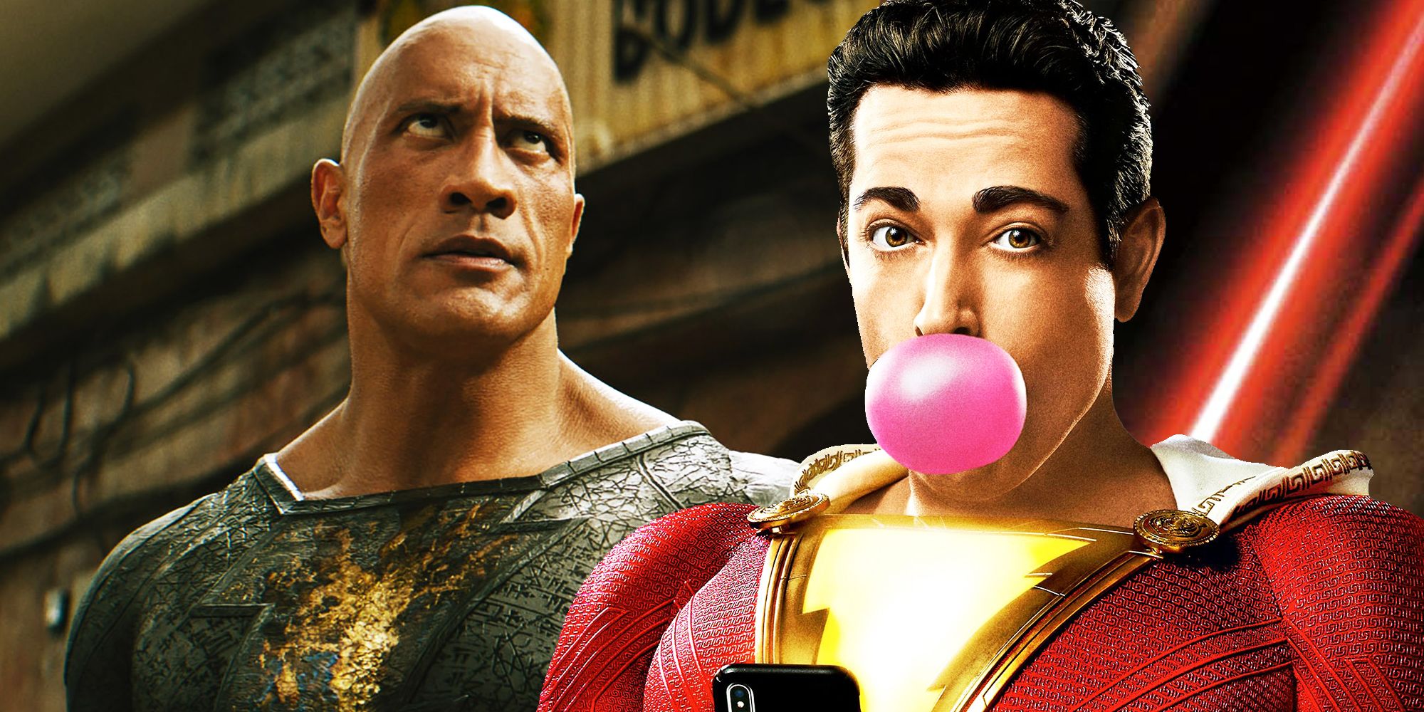Shazam blowing his gum and Black Adam looking stern in their respective DCU movies.