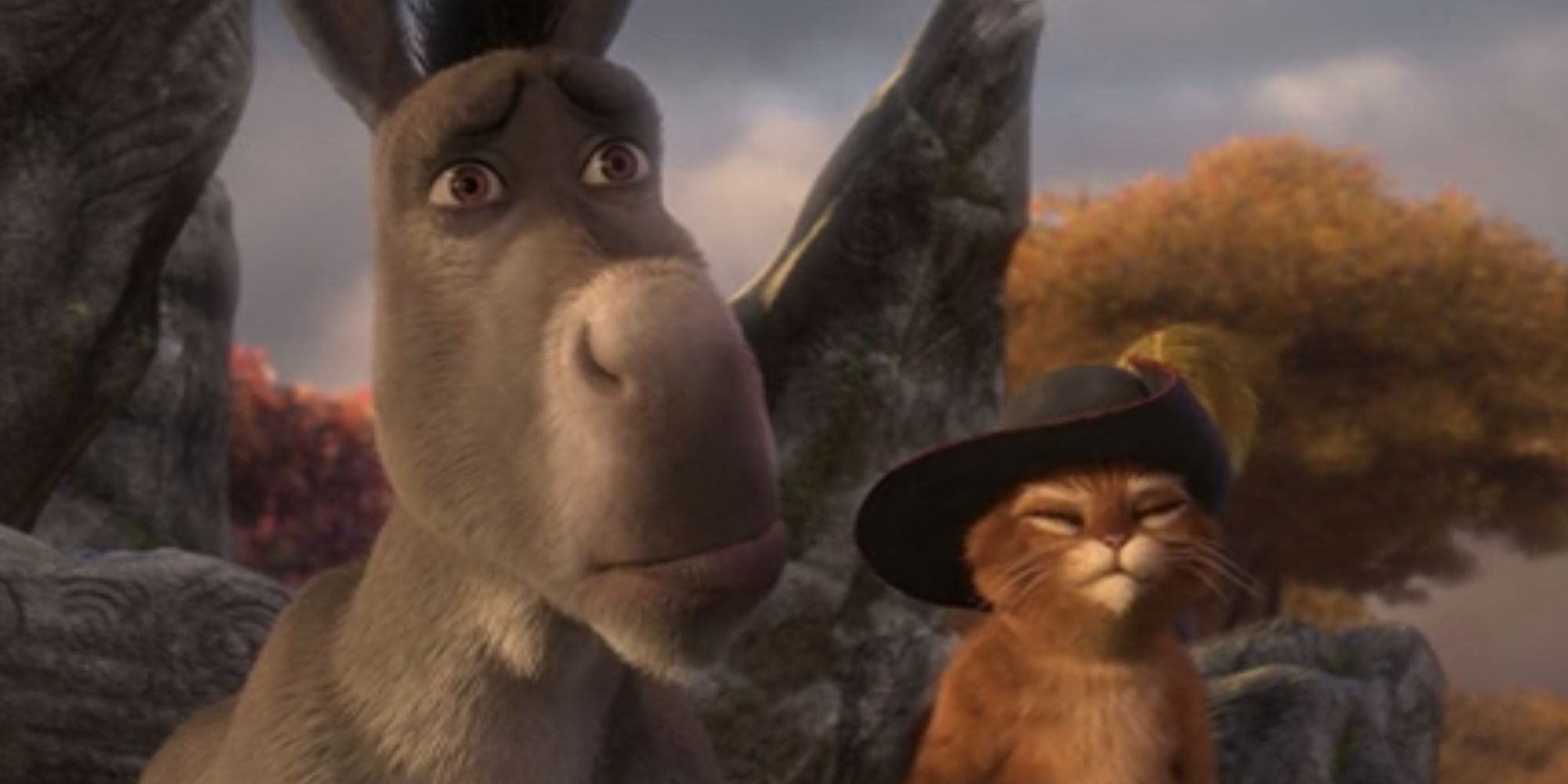 Shrek 3: Gato de Botas e Burro de mãos dadas enquanto Merlin lança seu feitiço