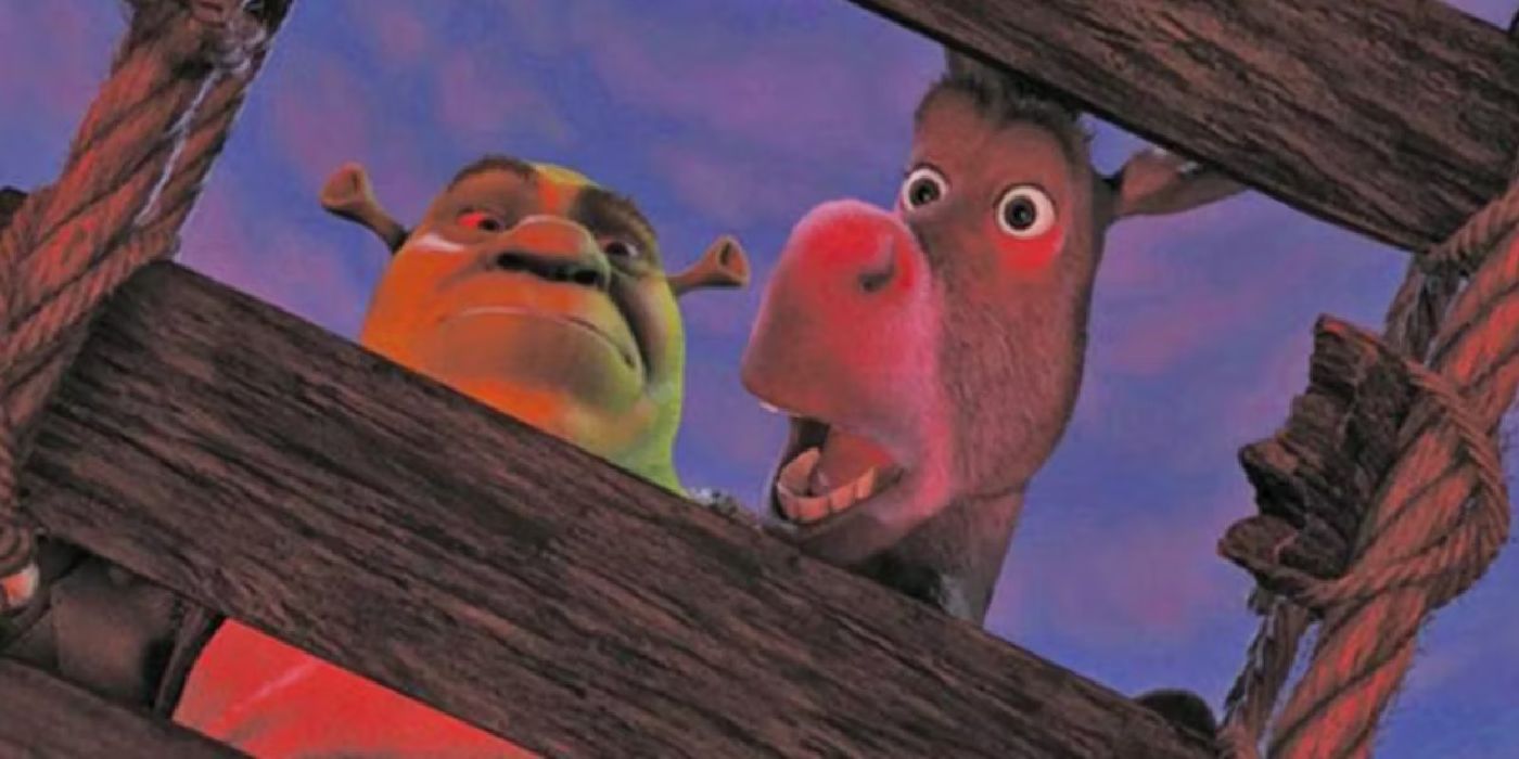 Shrek and Donkey look down into a boiling lake of lava from a rickety wooden bridge
